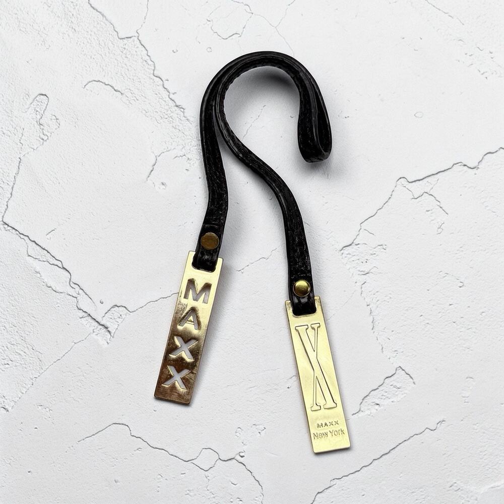 MAXX Bag Charm Vintage Black Leather Gold Tone Hangtag Keychain